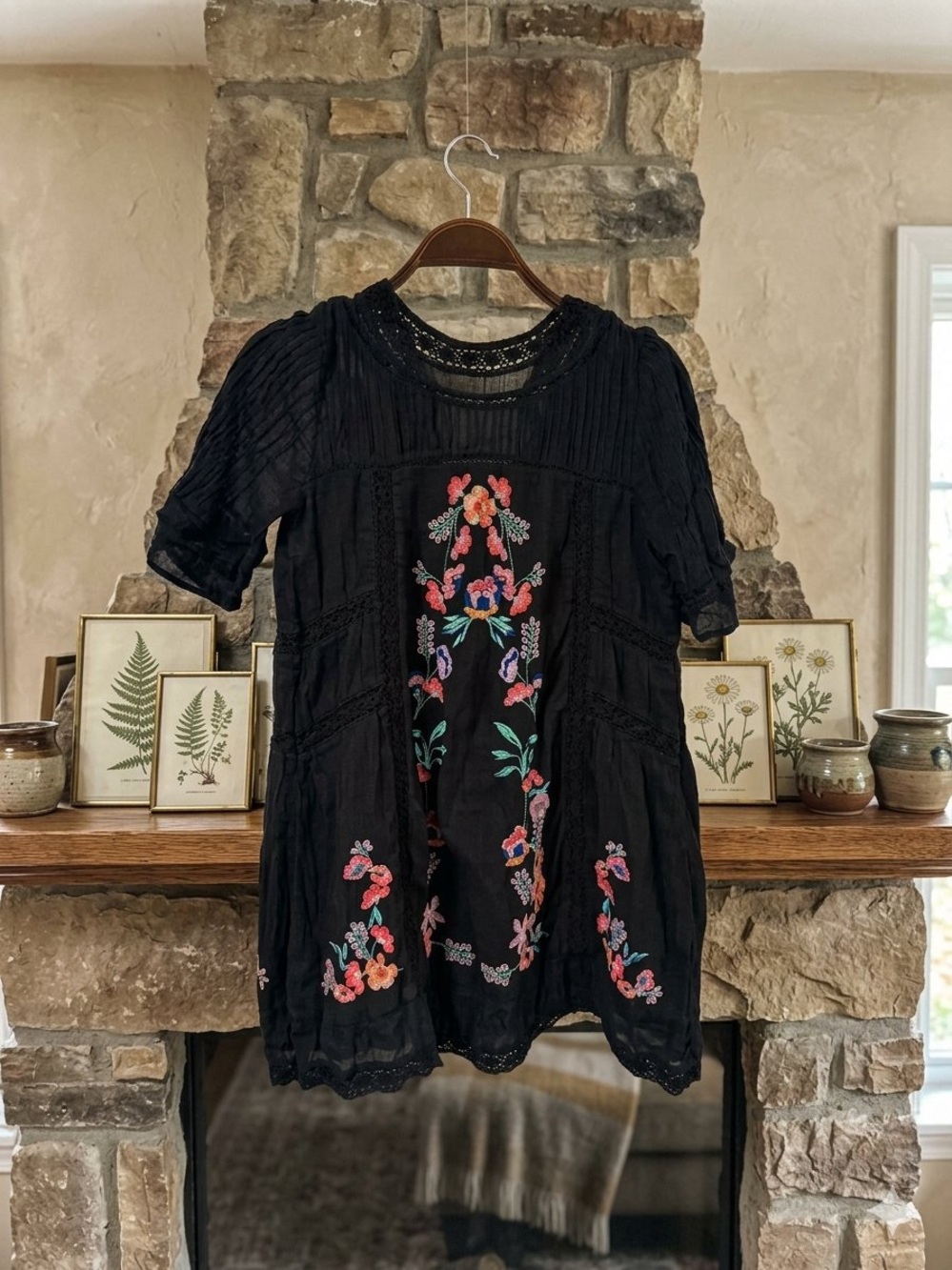 Free People Black Mini Dress with Multicolor Floral Embroidery